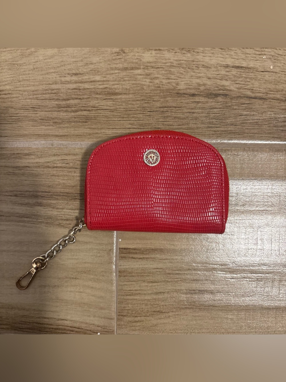 Anne Klein Red Lizard Embossed Accordion Card Case Wallet Keychain Pouch